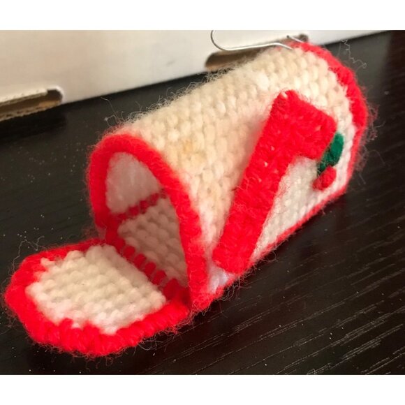 Handcrafted Red & White Yarn Mailbox Ornament Embroidered Detail Plastic Canvas - Picture 3 of 6